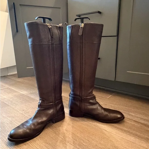 Tory Burch Chocolate Brown Tall Leather Riding Boots with Gold Hardware - Picture 4 of 8